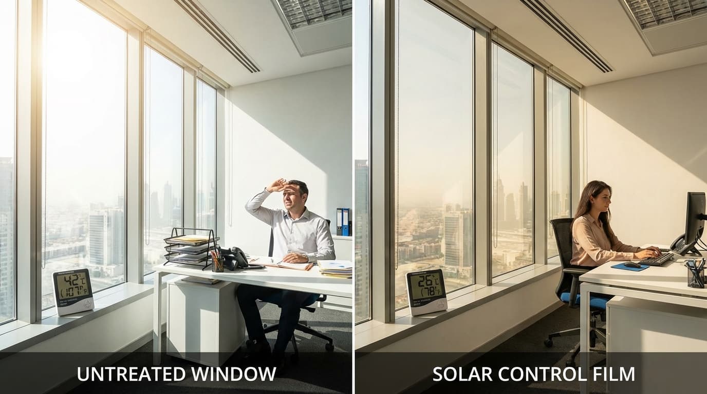 Before and after comparison of commercial window film installation showing heat and glare reduction