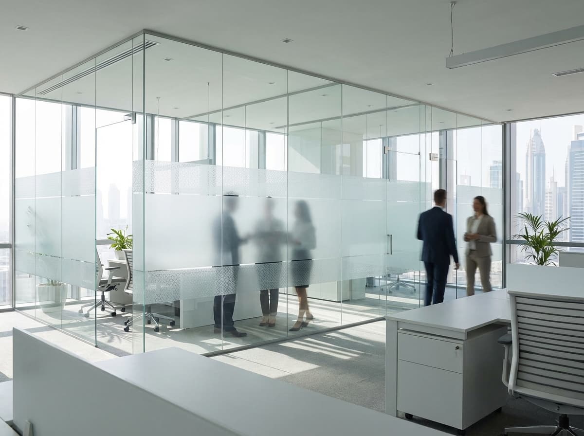 Frosted privacy film on office glass partitions